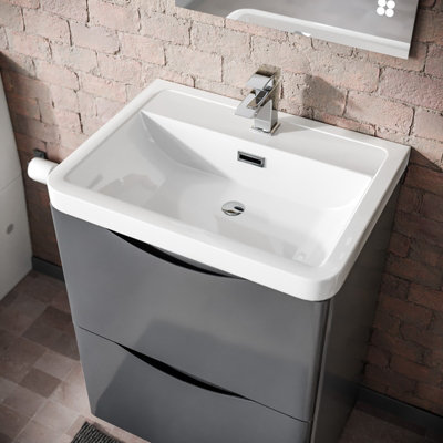 Nes Home 600mm Freestanding Bathroom Steel Grey Gloss Vanity Unit Basin