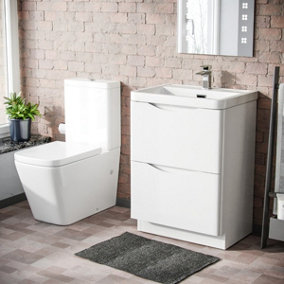 Nes Home 600mm Freestanding Vanity Basin Unit & Square Rimless Close Coupled Toilet White