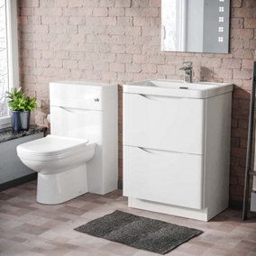 Nes Home 600mm Freestanding White Basin Vanity Cabinet, WC & Round BTW Toilet Set