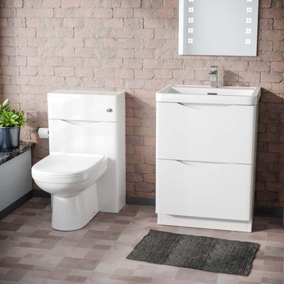 Nes Home 600mm Freestanding White Basin Vanity Cabinet, WC & Round BTW Toilet Set
