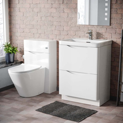 Nes Home 600mm Freestanding White Vanity Cabinet, WC & Rimless Modern BTW Toilet Set