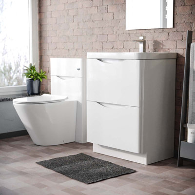 Nes Home 600mm Freestanding White Vanity Cabinet, WC & Rimless Modern BTW Toilet Set