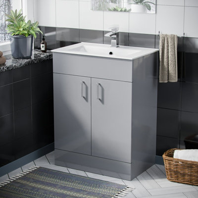 Nes Home 600mm Grey Floorstanding Vanity Unit & Slim White Basin Flat Pack