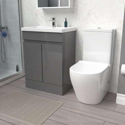 Nes Home 600mm Steel Grey Basin Vanity Unit & Rimless Close Coupled Toilet Set