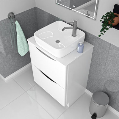 Nes Home 600mm White Drawers Vanity, Worktop & Square Shape Rounded ...