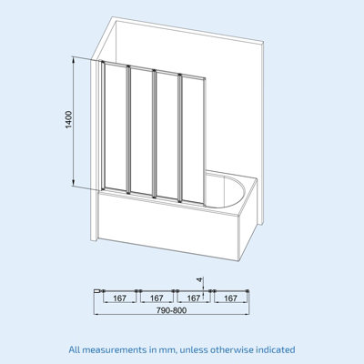 Nes Home 800 x 1400 mm 4 Fold Door Bath Shower Screen Black Frame