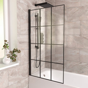 Nes Home 800mm Square Bath Screen Black Profile With Grid Glass Reversible