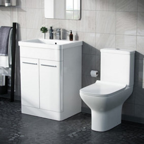 Nes Home Afern 600mm Floorstanding Vanity Basin Unit & Rimless Close Coupled Toilet White