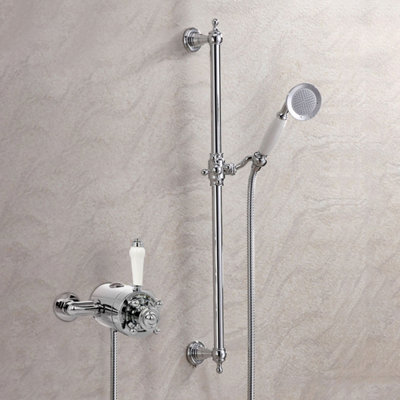 Nes Home Alice Cross Exposed Thermostatic Mixer Valve, Slider Rail & Handset Chrome/White