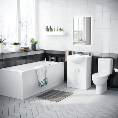 Nes Home Ambon 1700mm Bath, Rimless Close Coupled Toilet & Flat Pack Vanity Basin Unit White