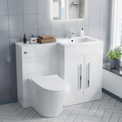 Nes Home Aric 1100mm Right Hand Vanity Sink Unit Back to Wall WC Rimless Toilet Bathroom Suit Price Comparisons | Compare The Build