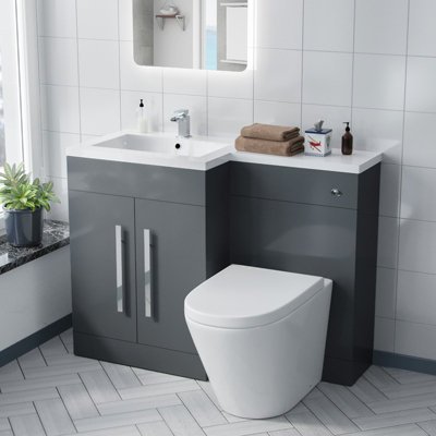 Nes Home Aric Bathroom Left Hand Grey Basin Vanity Unit WC Back To Wall Toilet 1100mm