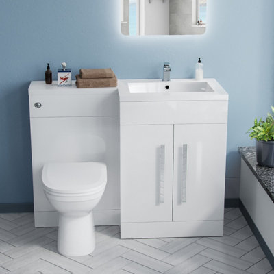 Nes Home Aric Right Hand  1100mm Vanity Basin Unit, Cistern, WC Unit & Welbourne Back To Wall Toilet White