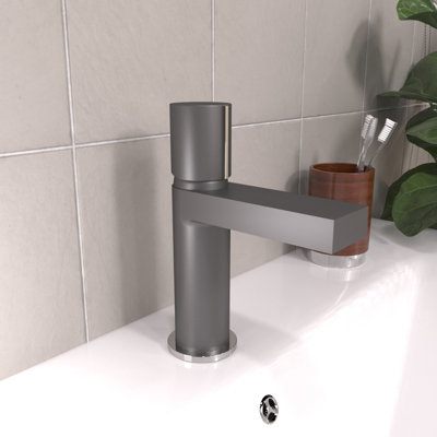 Nes Home Arte Handleless Futuristic Matt Grey Basin Mixer Tap Deck Mounted Brass Core