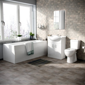 Nes Home Bath Suite 1700mm Bathtub, 650mm White Basin Vanity & Close Coupled Toilet