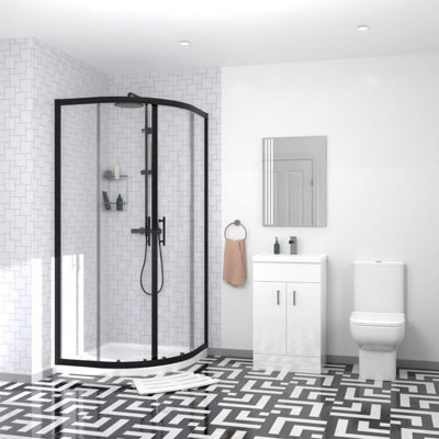 Nes Home Bilton Matte Black Quadrant Shower Enclosure with Basin Vanity, Close Coupled Toilet