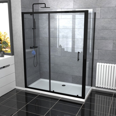 Nes Home Black 1600mm Shower Sliding Door, 800mm Glass Side Panel ...