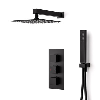 Nes Home Black Matt Square Shower Head Concealed Thermostatic Mixer Valve Hand Held
