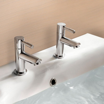 Nes Home Blossom Bathroom Round Chrome Basin Hot and Cold Tap Pair including a Square Cap Waste