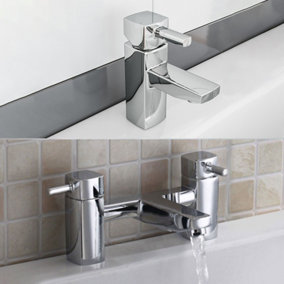 Nes Home Boston Chrome Square Single Lever Basin Sink Mono Mixer & Bath Filler Tap Set