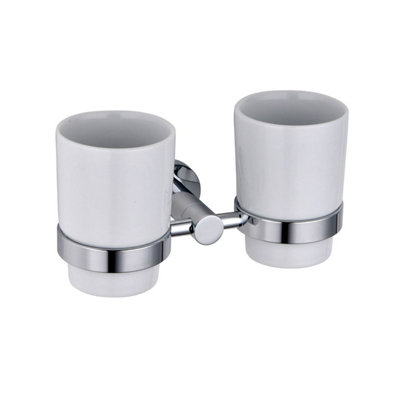 Nes Home Chromed Brass Bathroom Accessory Double Ceramic Tumbler and Toothbrush Holder