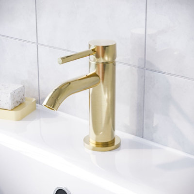 Nes Home Cloakroom Brushed Brass Round Basin Mono Mixer Tap