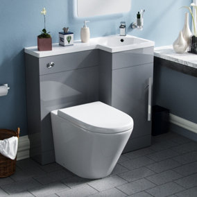Nes Home Cloakroom Ellen 900mm Light Grey WC Flat Pack Vanity Unit Sink Toilet Suite Right Hand