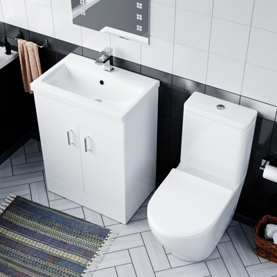 Nes Home Cloakroom Suite with Basin Vanity Unit and Rimless Close Coupled Toilet