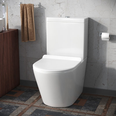 Nes Home Contemporary Round Rimless Close Coupled Toilet With Soft Close Seat