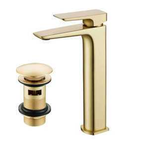 Nes Home Countertop Brushed Brass Tall Square Basin Mono Mixer Tap and Waste