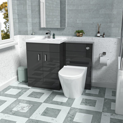 Nes Home Dark Grey 1100mm Vanity Basin WC Vanity Unit & BTW Toilet Flat Pack