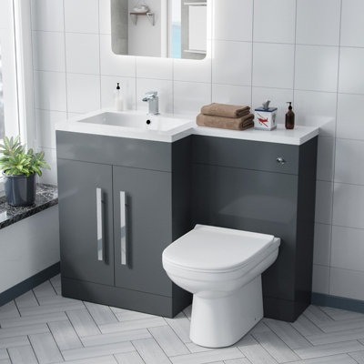 Nes Home Debra Bathroom Grey L-Shape LH Basin Vanity Unit BTW WC Toilet 1100mm