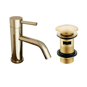 Nes Home Deck Mounted Gloss Round Single Lever Basin Mono Mixer Tap Gold + Slotted Brushed Brass Waste
