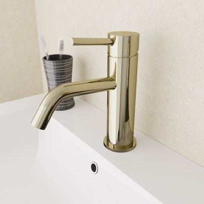 Nes Home Deck Mounted Gloss Round Single Lever Basin Mono Mixer Tap Gold + Slotted Brushed Brass Waste