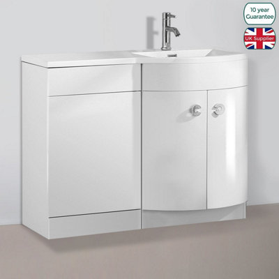 Nes Home Dene Bathroom 1100 mm D Shape White Basin Vanity Wc Unit Cabinet Right Hand