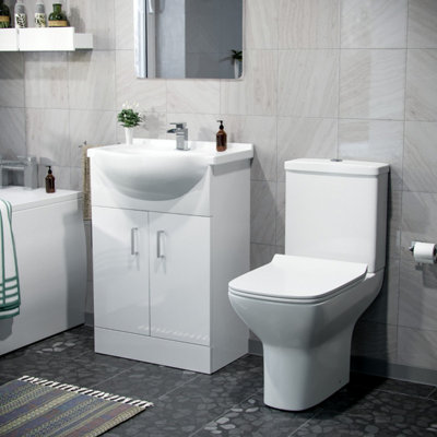 Nes Home Dyon 550mm Floorstanding Basin Vanity Unit White & Rimless Close Coupled Toilet White