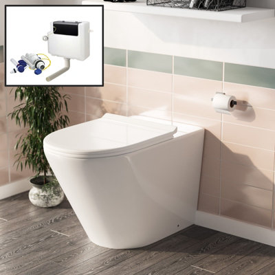 Nes Home Elliss Round Back to Wall Rimless Toilet Pan With Soft Close Seat + WRAS Approved Concealed Cistern