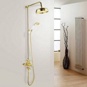 Nes Home Enora Traditional Exposed Thermostatic Valve, Riser Rail & Round Handset Gold