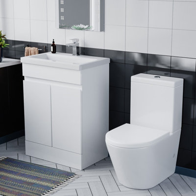 Nes Home Flat Pack 600mm Gloss White Basin Vanity & Close Coupled Rimless Toilet Set Price Comparisons | Compare The Build