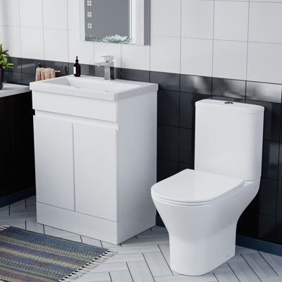 Nes Home Flat Pack 600mm Gloss White Basin Vanity & Close Coupled Rimless Toilet