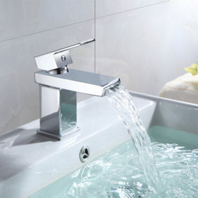 Nes Home Gemini Waterfall Bathroom Single Lever Chrome Basin Mono Mixer Square Tap