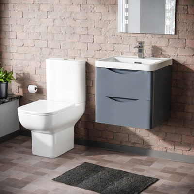 Nes Home Grey 500mm Wall Hung Vanity Basin Unit & Close Coupled Toilet