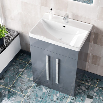 Nes Home Grey 600mm Gloss Bathroom Basin Sink Cabinet & Ceramic Basin ...