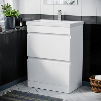 Nes Home Hardie 600mm 2 Drawer White Floorstanding Vanity Cabinet and Basin Sink Unit