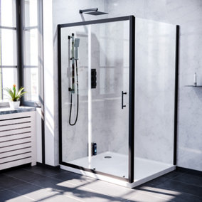 Nes Home Keni 1000mm Shower Sliding Door, 800mm Frameless Glass Side Panel Screen & Tray Matte Black