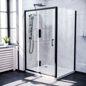 Nes Home Keni 1100mm Shower Sliding Door, 800mm Frameless Glass Side Panel Screen & Tray Matte Black