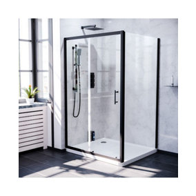 Nes Home Keni 1200mm Shower Sliding Door, 700mm Frameless Glass Side Panel Screen & Tray Matte Black