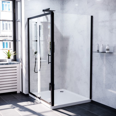 Nes Home Keni 1200mm Shower Sliding Door, 760mm Frameless Glass Side Panel Screen & Tray Matte Black