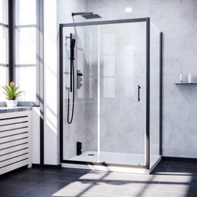 Nes Home Keni 1200mm Shower Sliding Door, 800mm Frameless Glass Side Panel Screen & Tray Matte Black