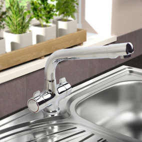 Nes Home Kitchen Sink Mixer Tap Swivel Spout Twin Handles Chrome Monobloc Deck Mounted